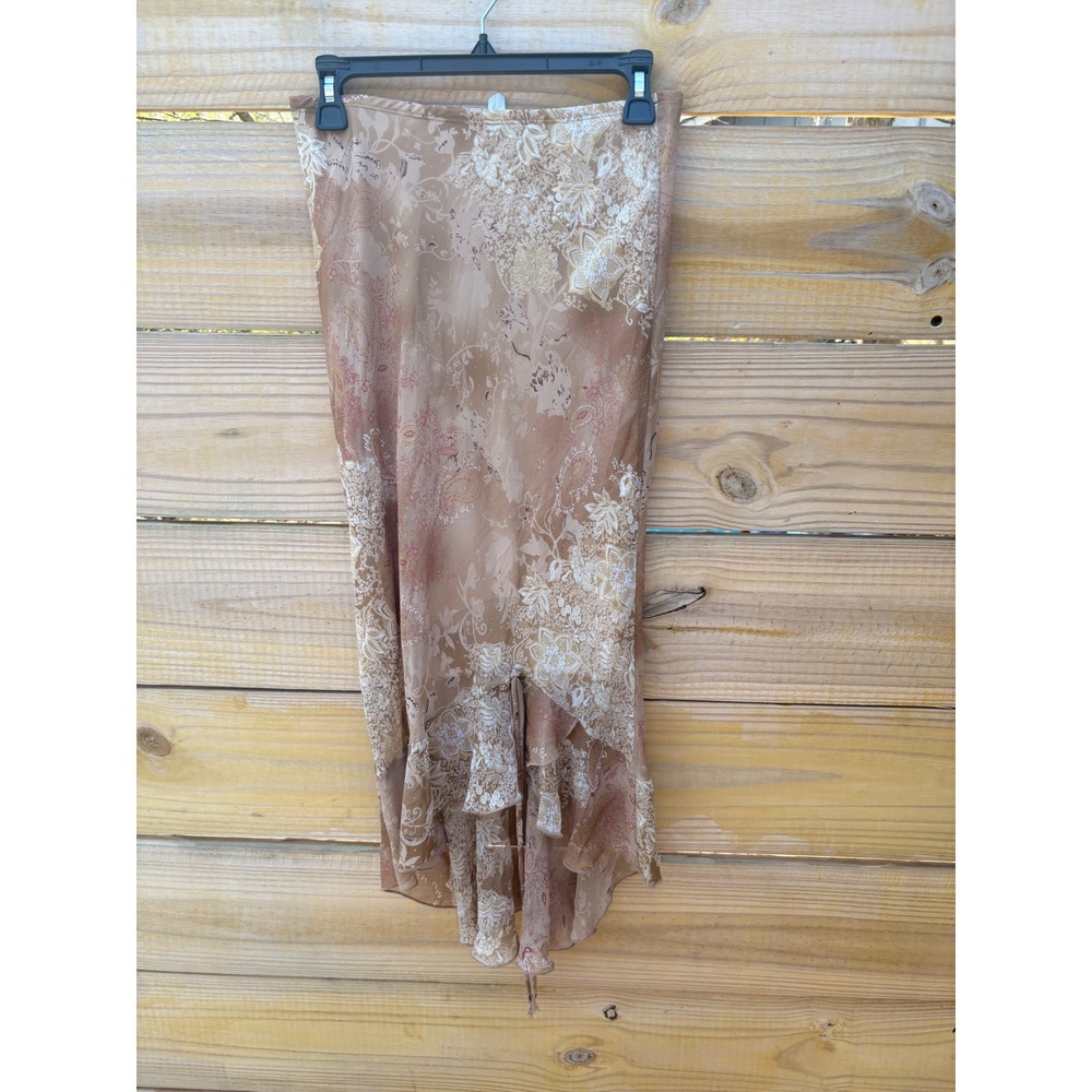 One Heart Tan Paisley Floral High-Low Ruffle Midi Skirt Medium Made in USA Boho